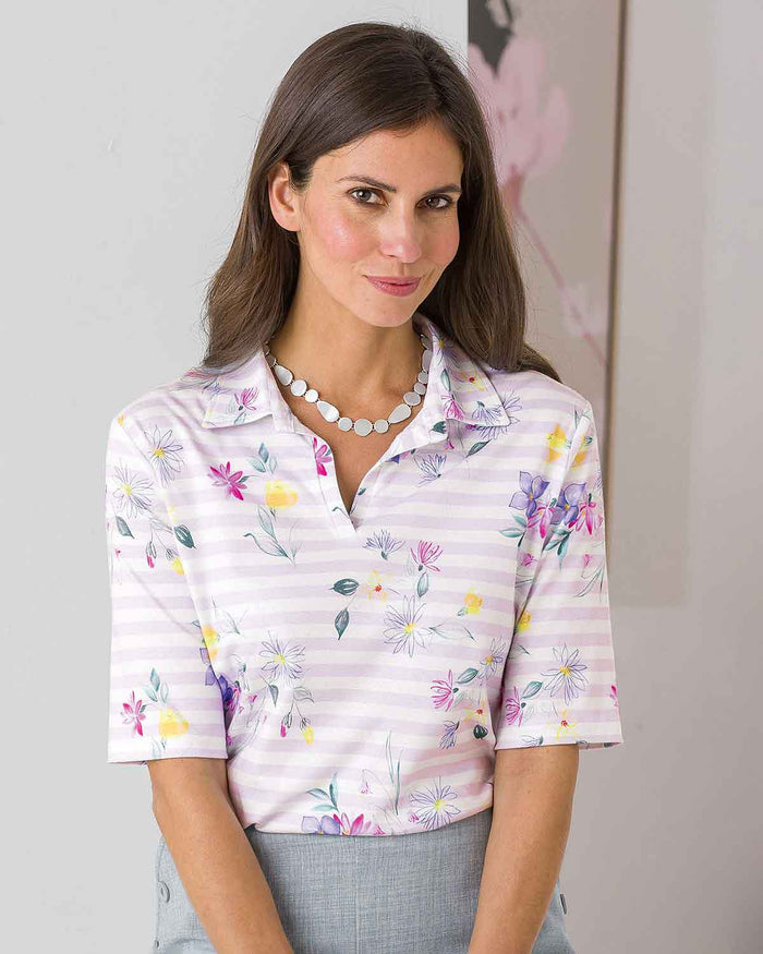 Sybil Floral Cotton Short Sleeved Polo Top - Image 1 - The Classic Boutique