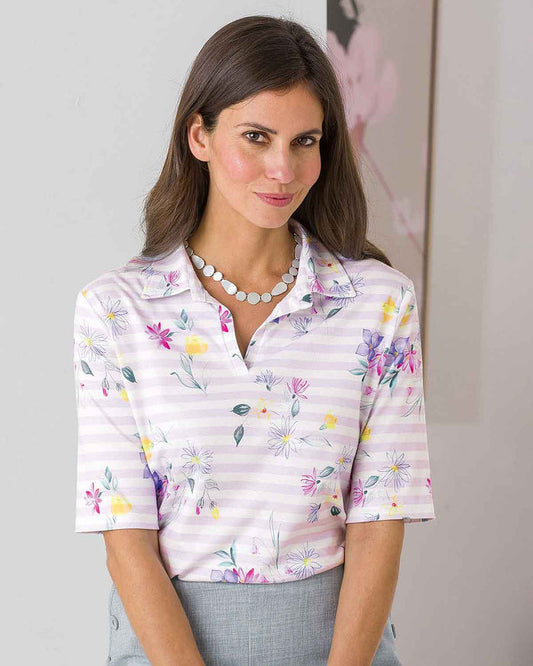 Sybil Floral Cotton Short Sleeved Polo Top - Image 1 - The Classic Boutique