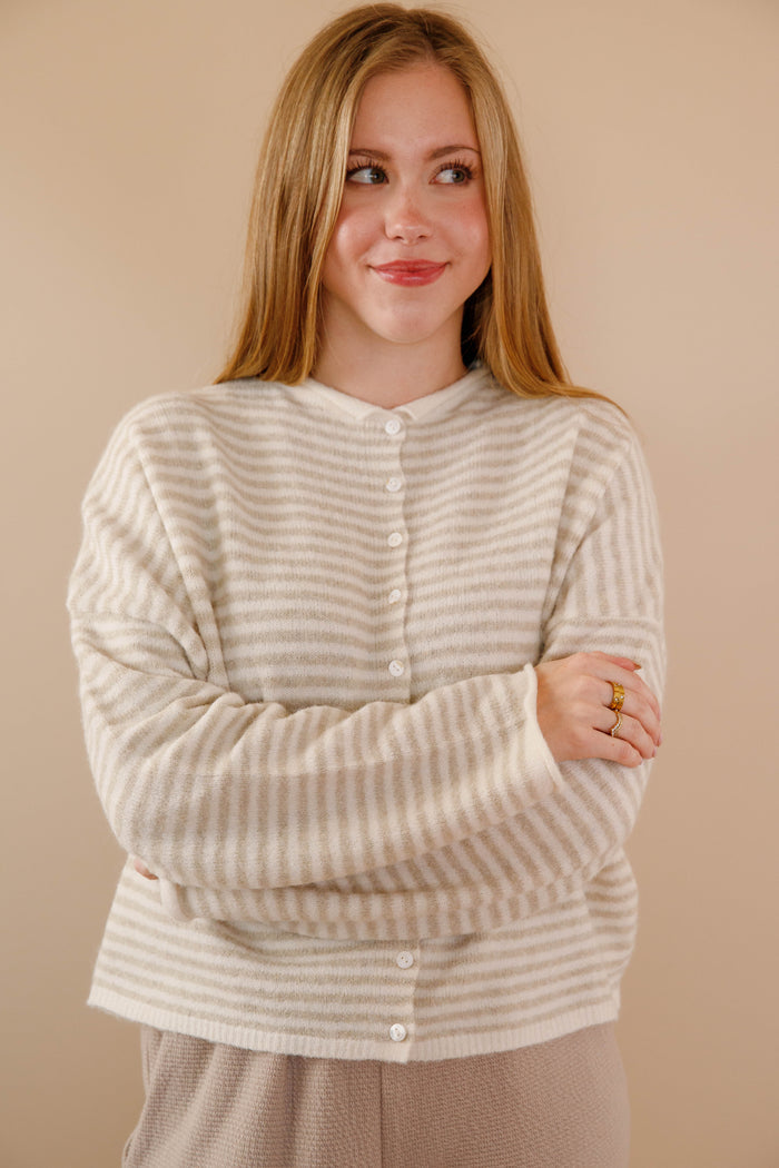 Taupe Stripe Cardigan- Things Between Cardigan- Pin-Striped Piper Cardigan