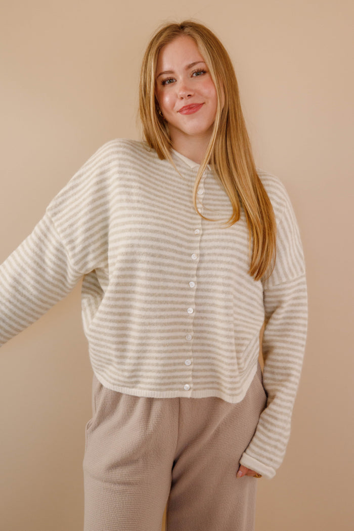Taupe Stripe Cardigan- Things Between Cardigan- Pin-Striped Piper Cardigan