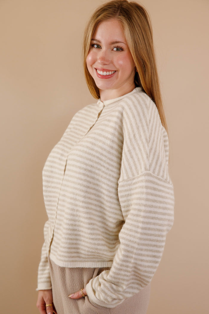 Taupe Stripe Cardigan- Things Between Cardigan- Pin-Striped Piper Cardigan