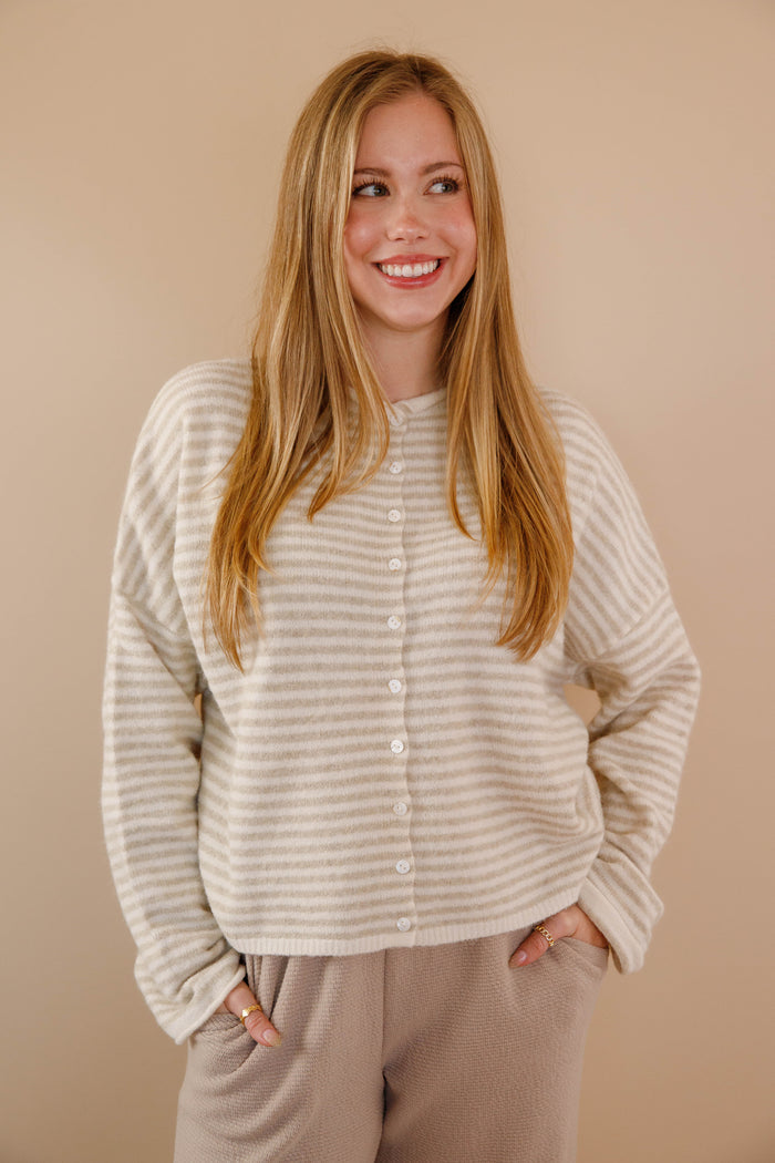 Taupe Stripe Cardigan- Things Between Cardigan- Pin-Striped Piper Cardigan