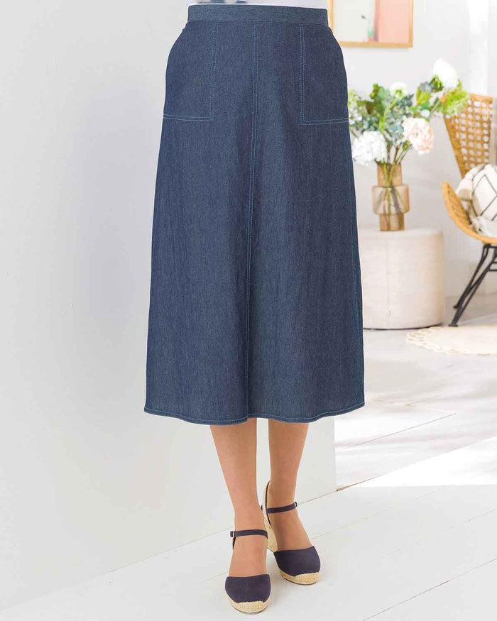 Tamara Pure Cotton A Line Pull On Skirt - Blue - Image 2 - The Classic Boutique