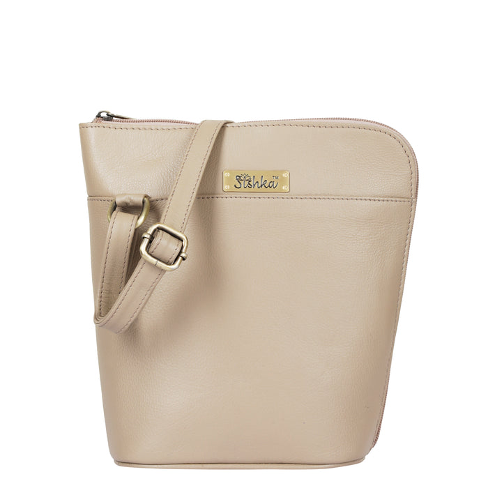 Women's taupe leather crossbody shoulder sling bag for work, travel, and daily use
