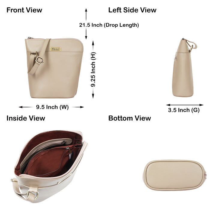 Women's taupe leather crossbody shoulder sling bag for work, travel, and daily use-infographic image