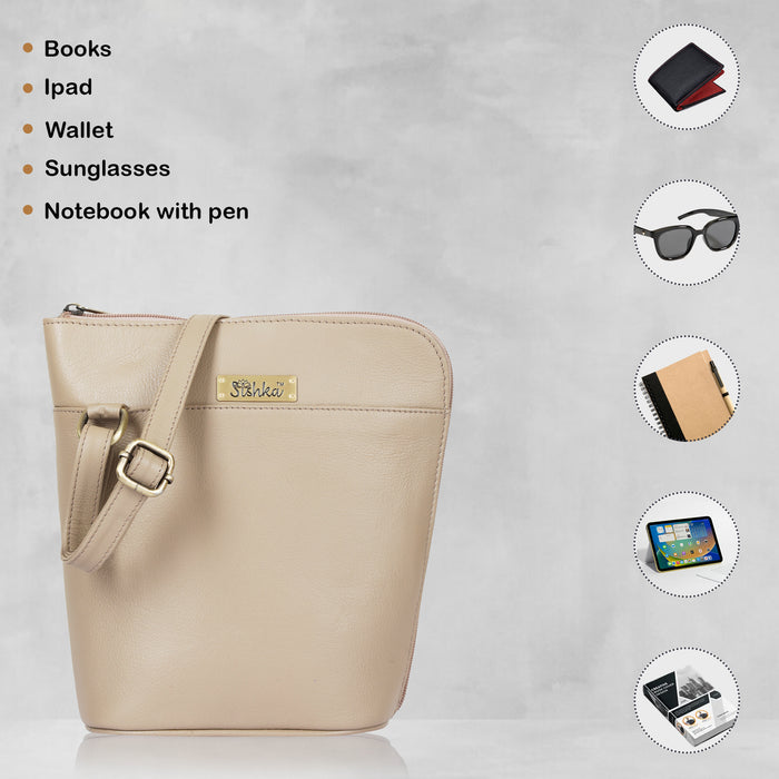 Women's taupe leather crossbody shoulder sling bag for work, travel, and daily use-feature image