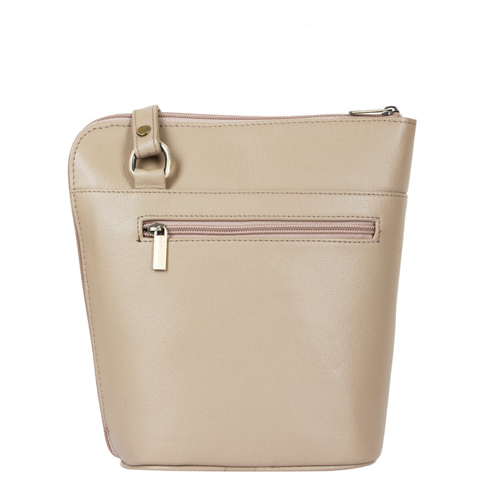 Women's taupe leather crossbody shoulder sling bag for work, travel, and daily use-back view