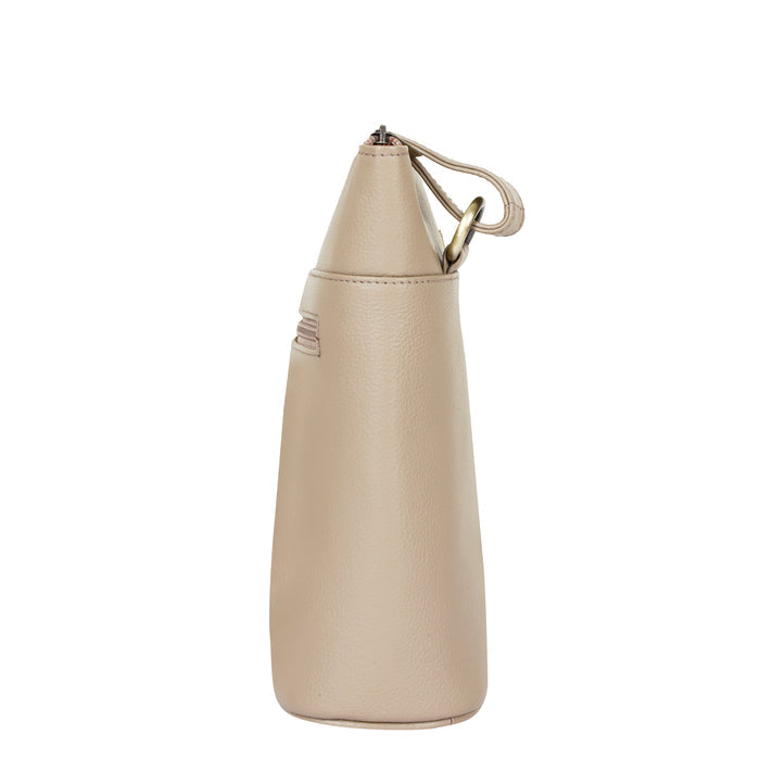 Women's taupe leather crossbody shoulder sling bag for work, travel, and daily use-side view