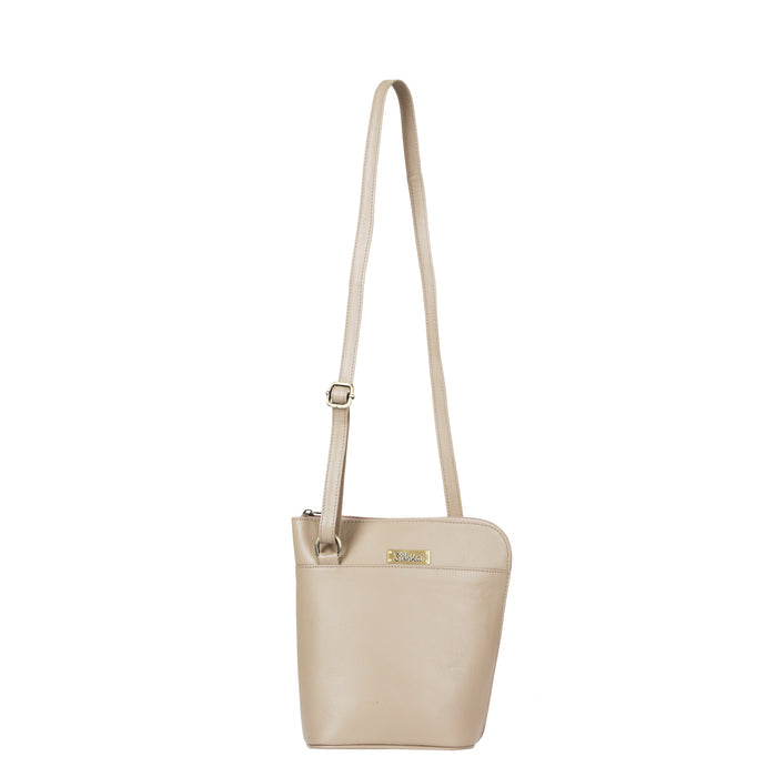 Women's taupe leather crossbody shoulder sling bag for work, travel, and daily use-full front view