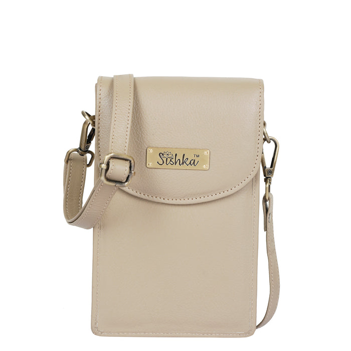 Women's taupe leather phone crossbody sling bag for travel, work, and daily use