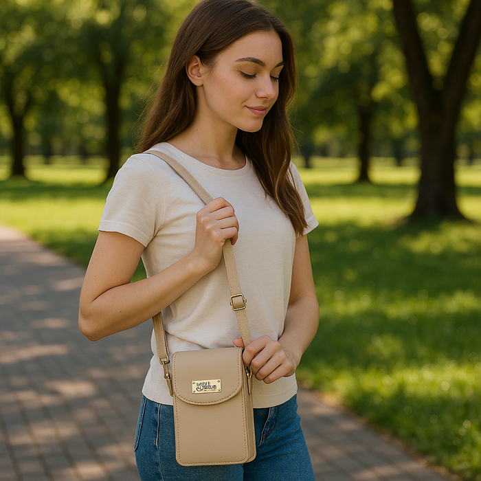Women's taupe leather phone crossbody sling bag for travel, work, and daily use-model image