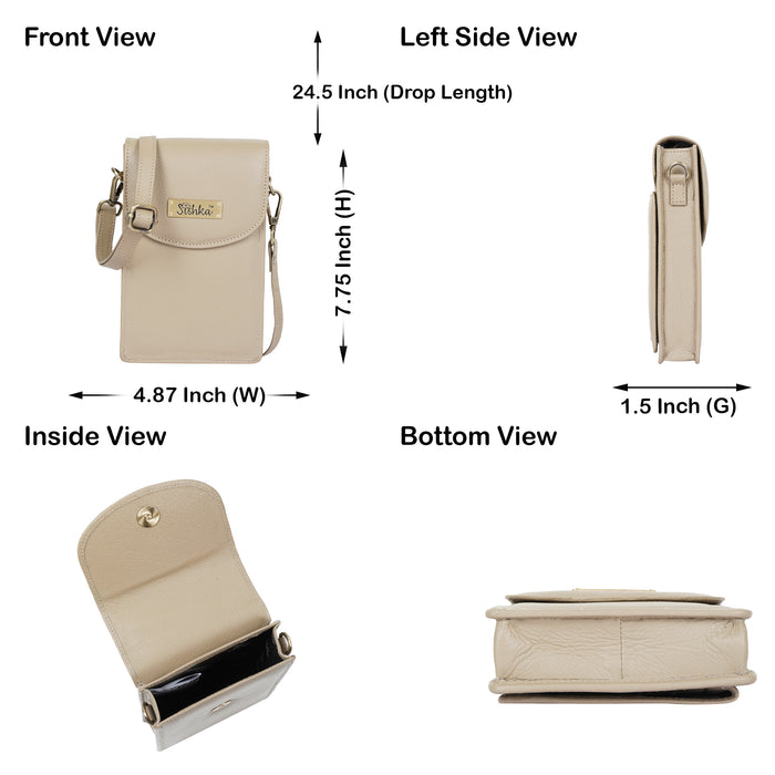 Women's taupe leather phone crossbody sling bag for travel, work, and daily use-infographic image