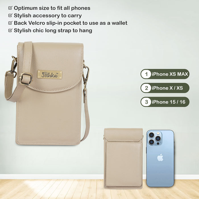 Women's taupe leather phone crossbody sling bag for travel, work, and daily use-feature image