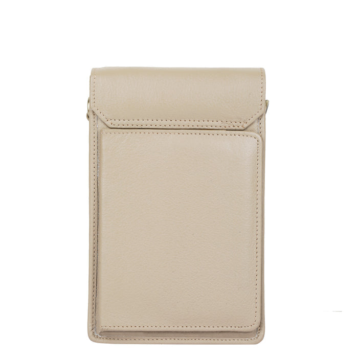 Women's taupe leather phone crossbody sling bag for travel, work, and daily use-back view