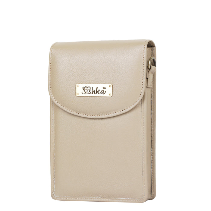 Women's taupe leather phone crossbody sling bag for travel, work, and daily use-half side view