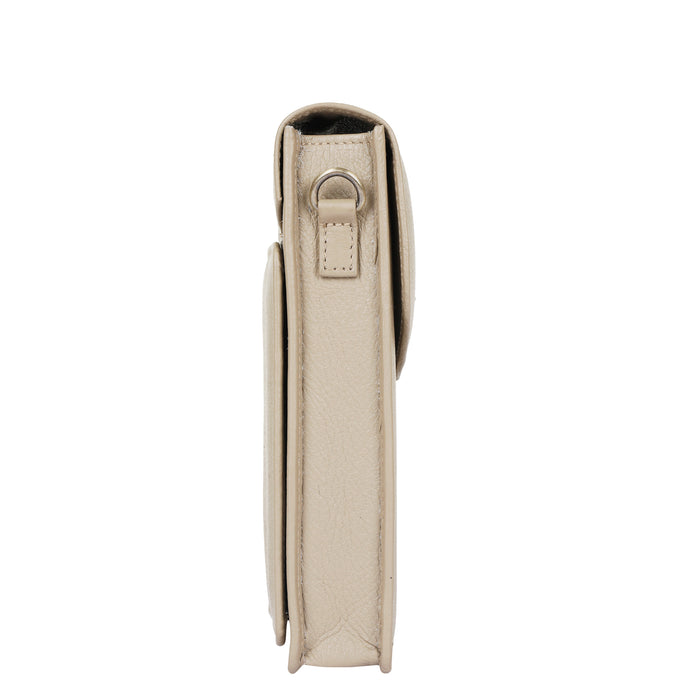 Women's taupe leather phone crossbody sling bag for travel, work, and daily use-side view