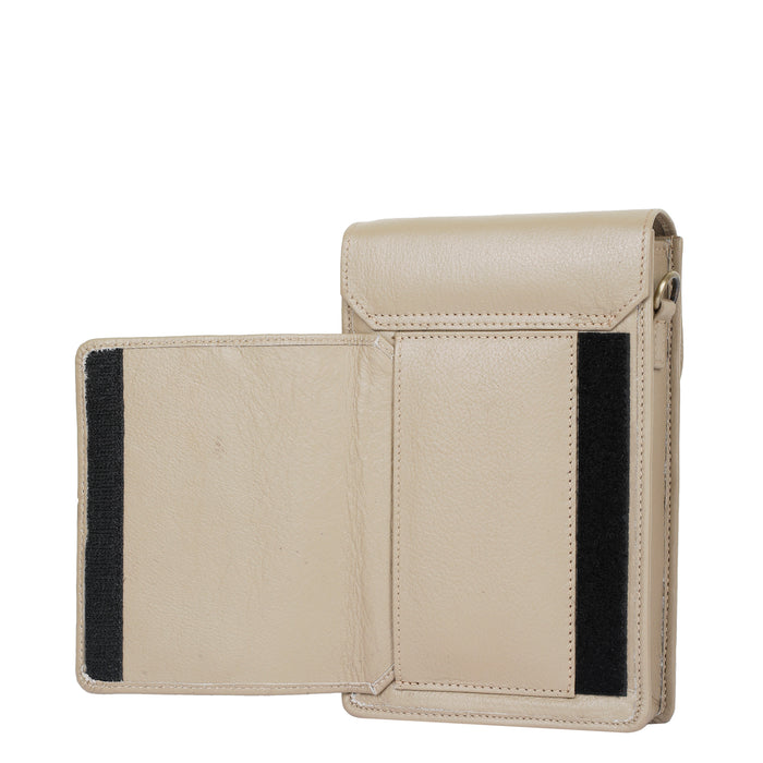 Women's taupe leather phone crossbody sling bag for travel, work, and daily use-full back view