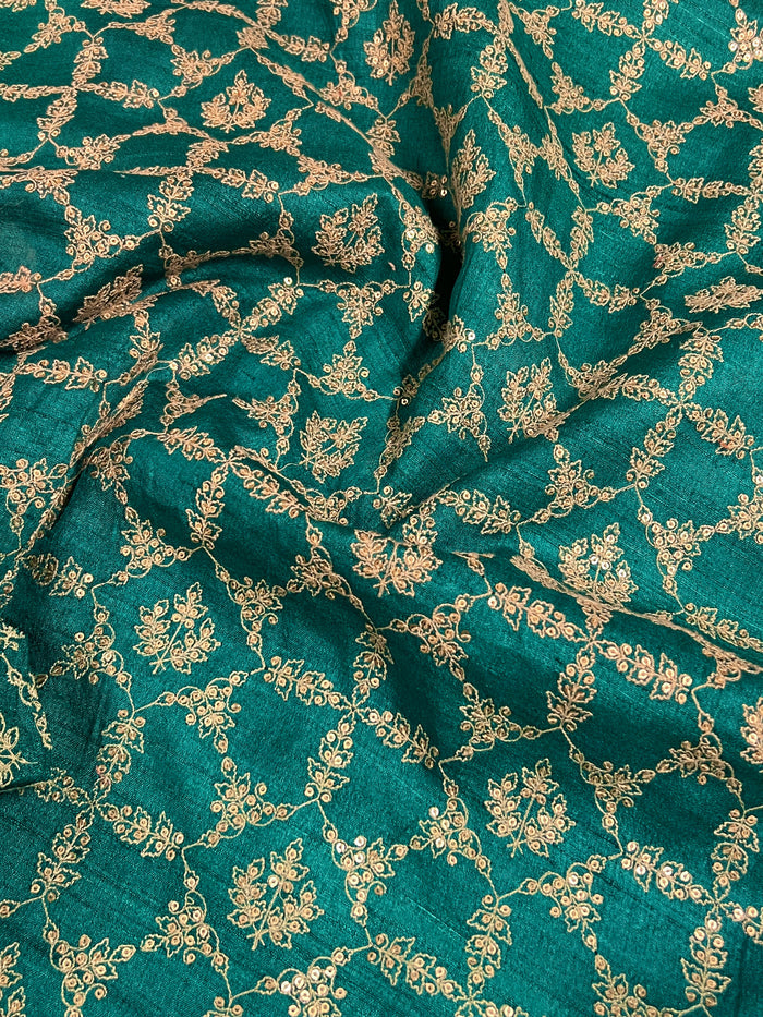 Teal embroidered tussar fabric