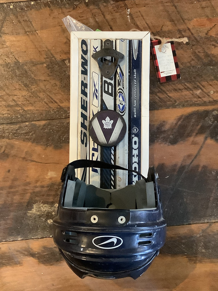 The Hockey Stick Guy Bottle Opener with Navy Blue Helmet (Leafs)