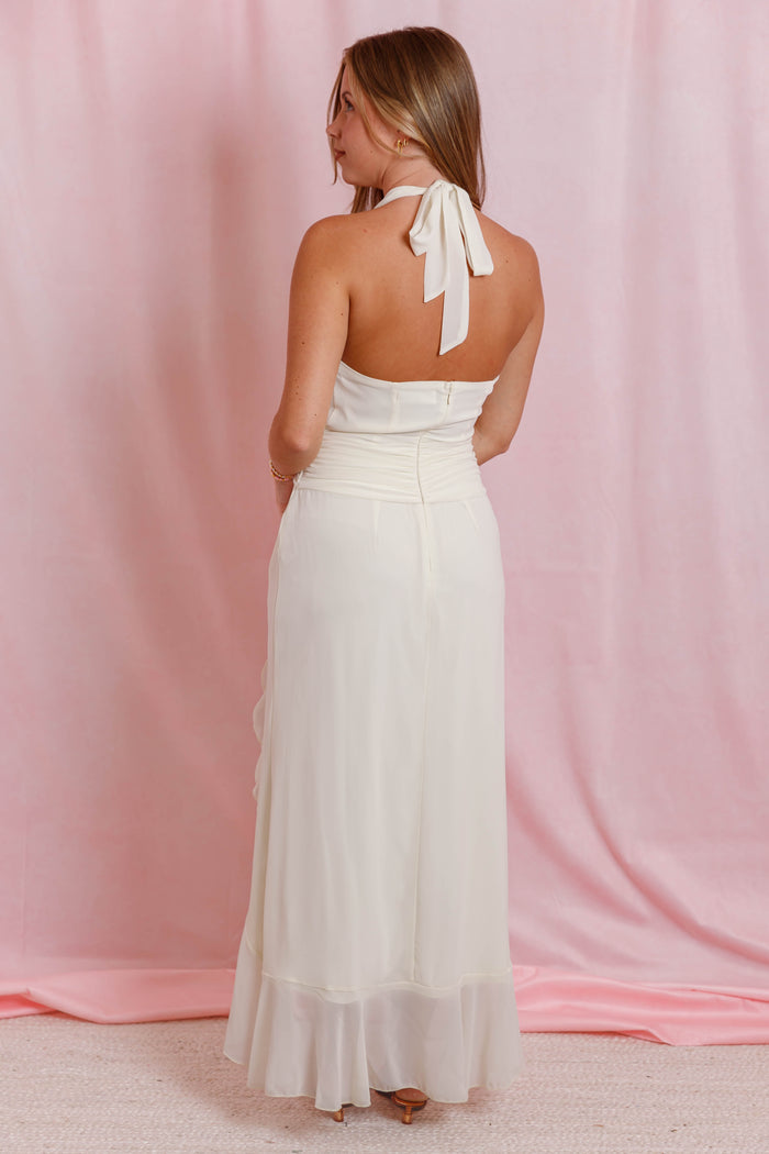 Ivory Halter Maxi Dress- Women's Vacation Dresses- Front Slit Maxi Dress