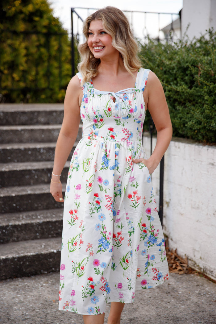 Vibrant Floral Midi Dress- Women's Preppy Dress- THML Floral Dress