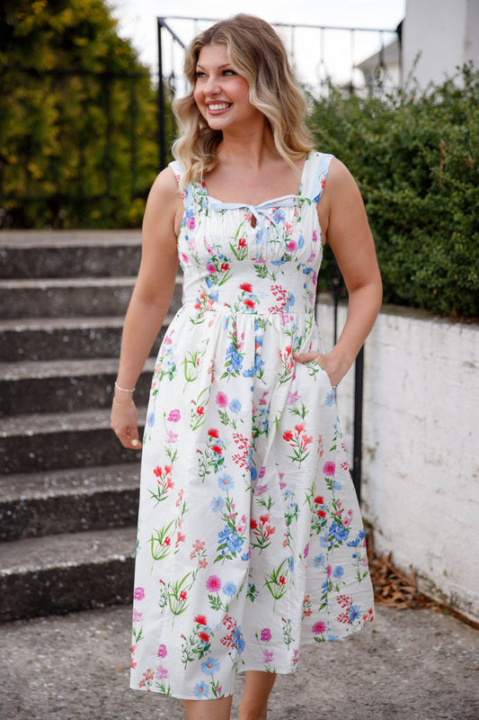 Vibrant Floral Midi Dress- Women's Preppy Dress- THML Floral Dress