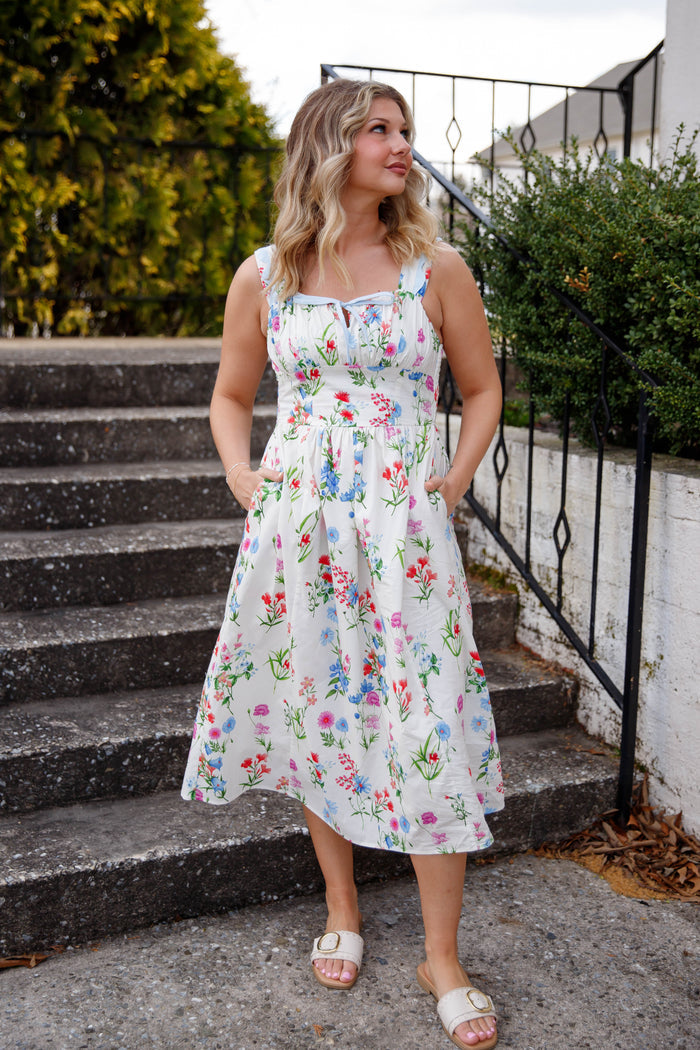 Vibrant Floral Midi Dress- Women's Preppy Dress- THML Floral Dress