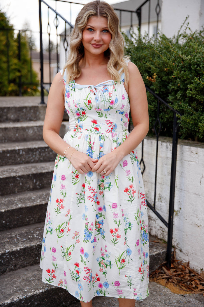 Vibrant Floral Midi Dress- Women's Preppy Dress- THML Floral Dress