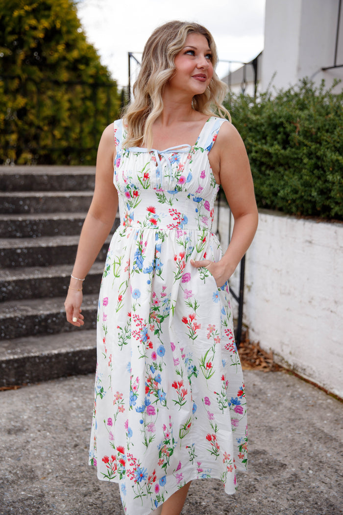 Vibrant Floral Midi Dress- Women's Preppy Dress- THML Floral Dress
