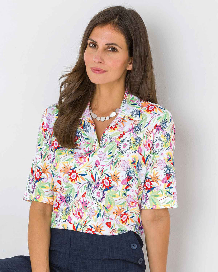 Thea Floral Cotton Short Sleeved Polo Top - Image 1 - The Classic Boutique