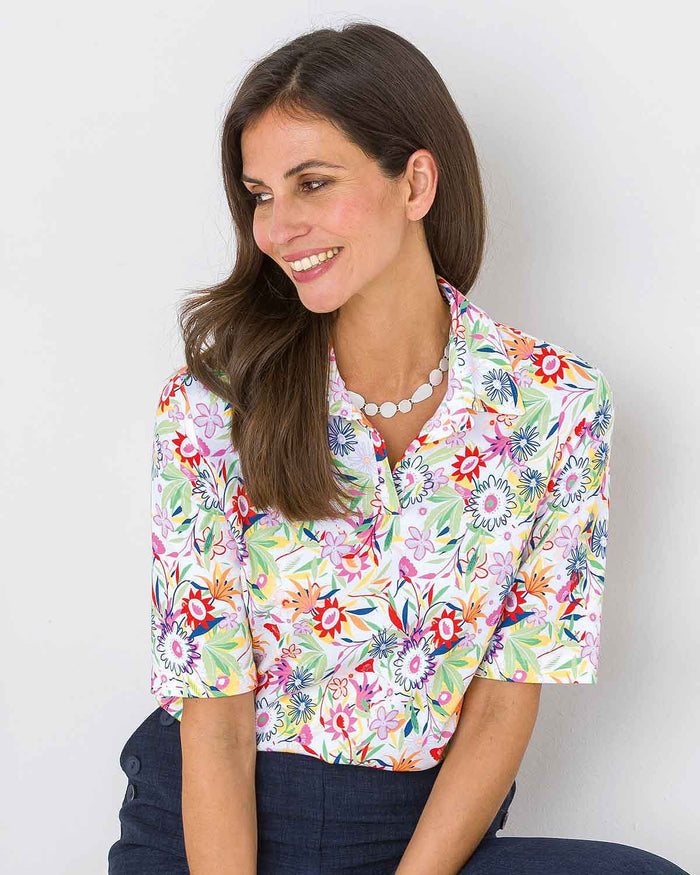 Thea Floral Cotton Short Sleeved Polo Top - Image 2 - The Classic Boutique