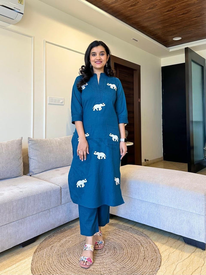 Tia Embroidered Cotton Pant Set- Blue