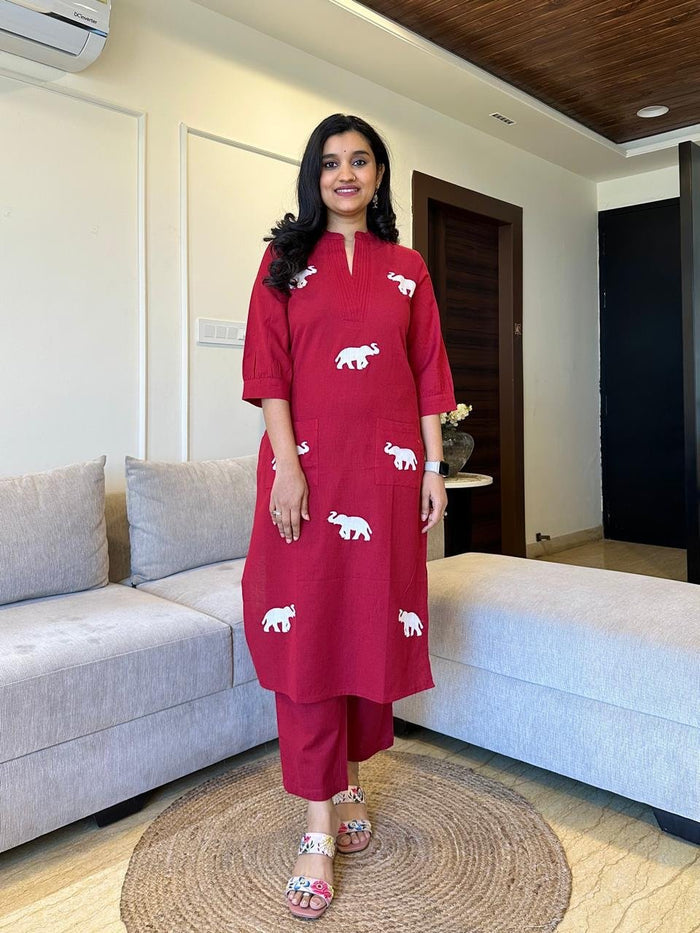Tia Embroidered Cotton Pant Set- Maroon