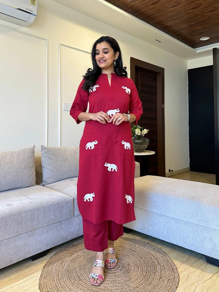 Tia Embroidered Cotton Pant Set- Maroon