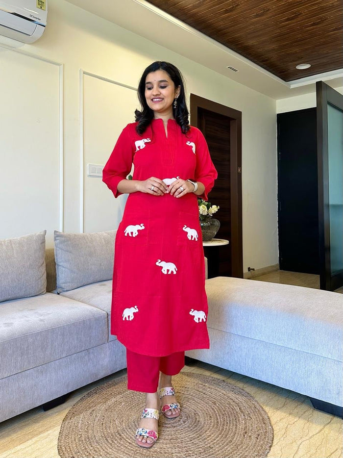 Tia Embroidered Cotton Pant Set- Red