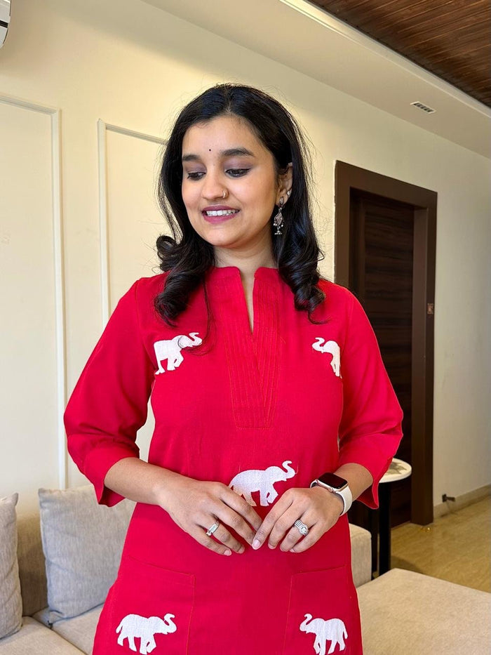 Tia Embroidered Cotton Pant Set- Red