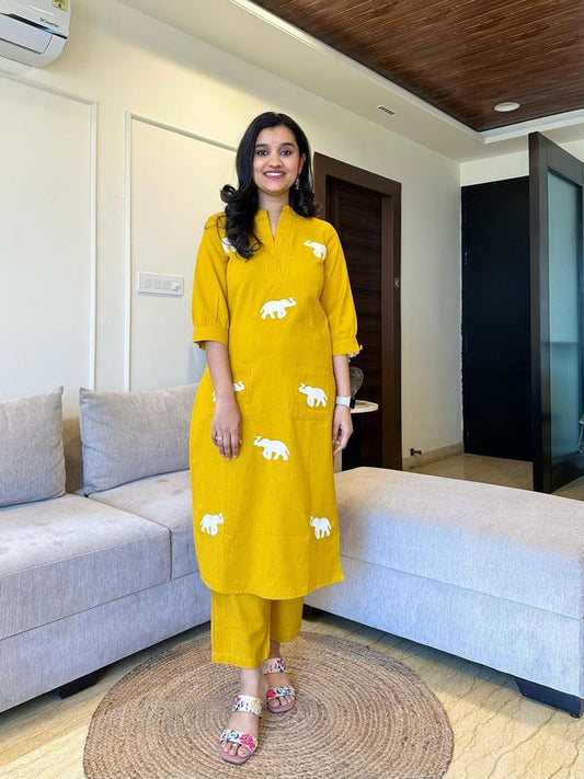 Tia Embroidered Cotton Pant Set- Yellow