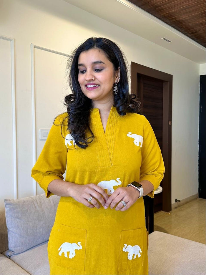Tia Embroidered Cotton Pant Set- Yellow