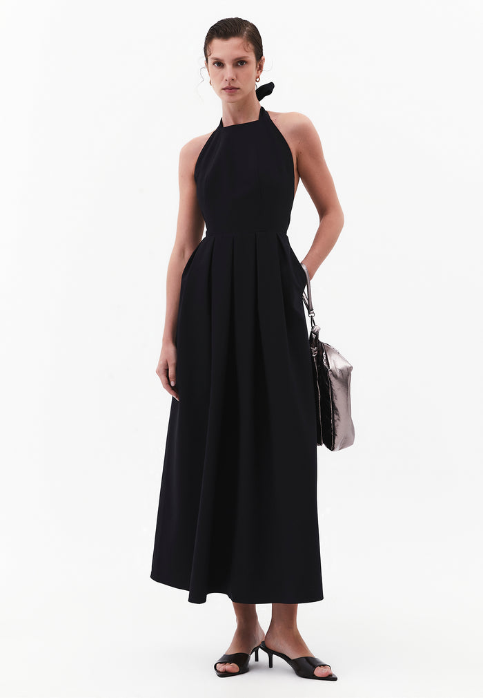 Tie Midi Dress With Crew Neck And A-Line - BLACK