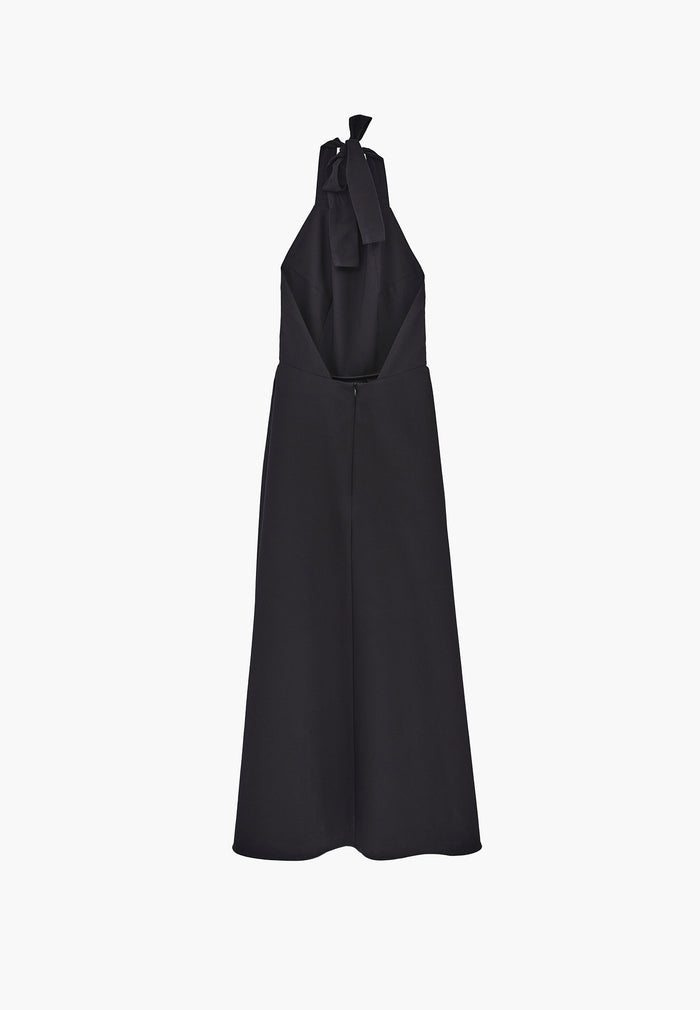 Tie Midi Dress With Crew Neck And A-Line - BLACK