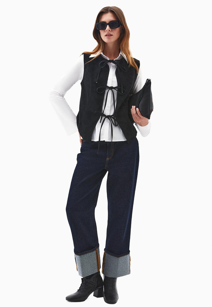 Tie Waist Suede Vest - BLACK