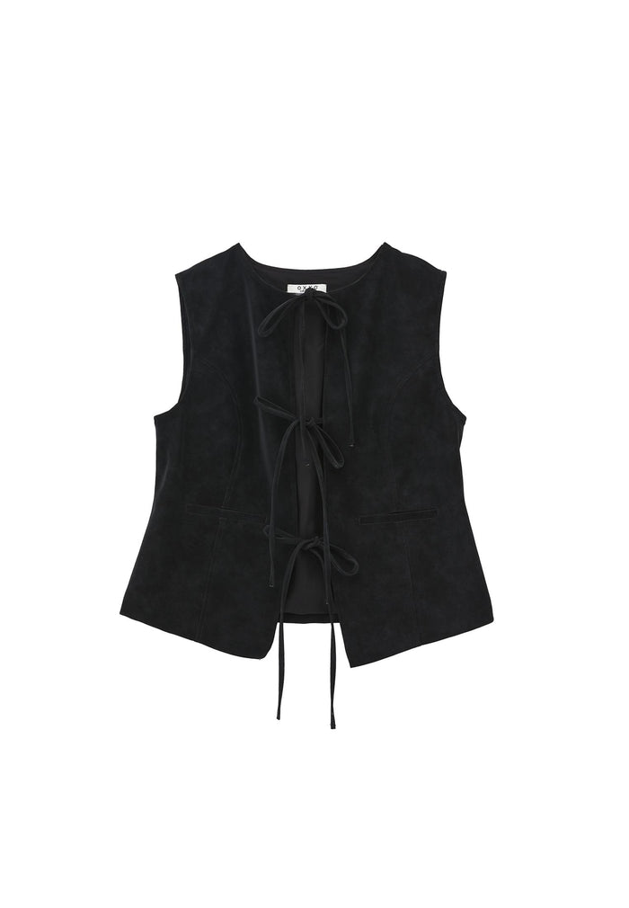 Tie Waist Suede Vest - BLACK