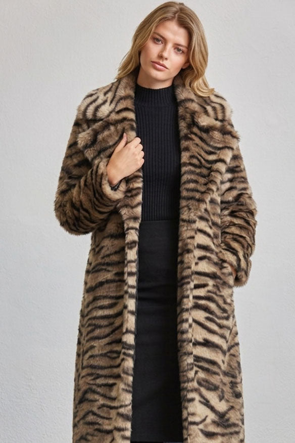 Tiger Print Faux Fur Maxi Coat