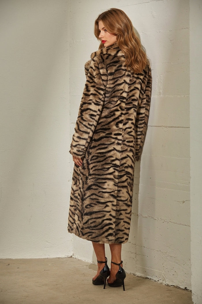 Tiger Print Faux Fur Maxi Coat
