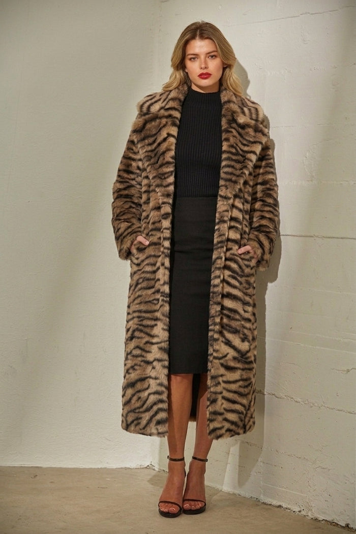 Tiger Print Faux Fur Maxi Coat
