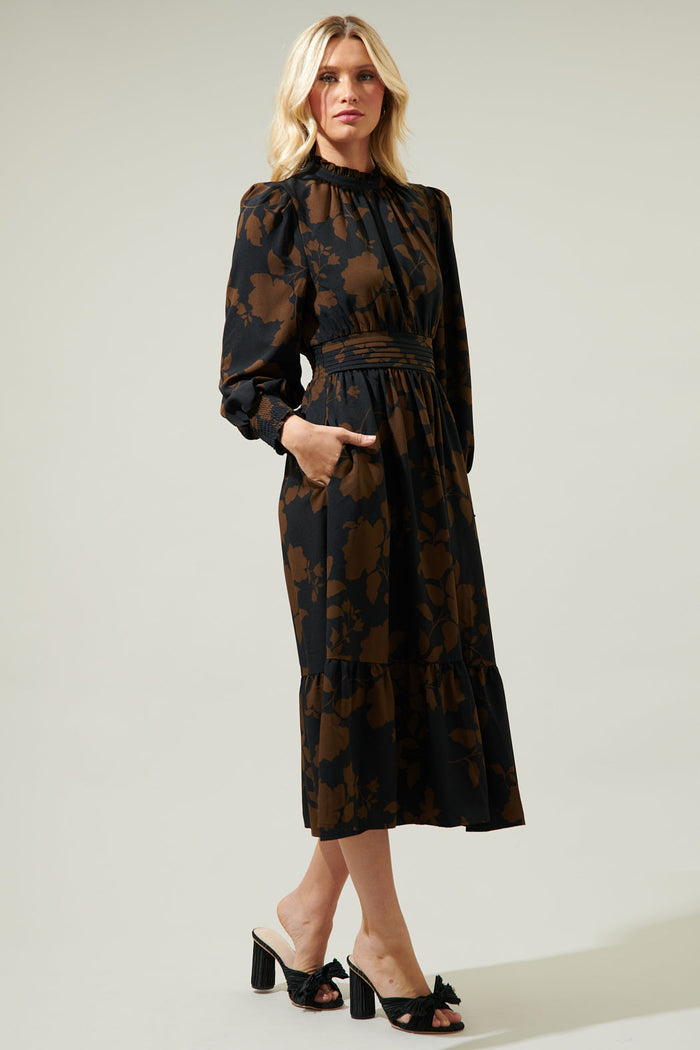 Toffee Floral Caitlyn Smock Sleeve Midi Dress