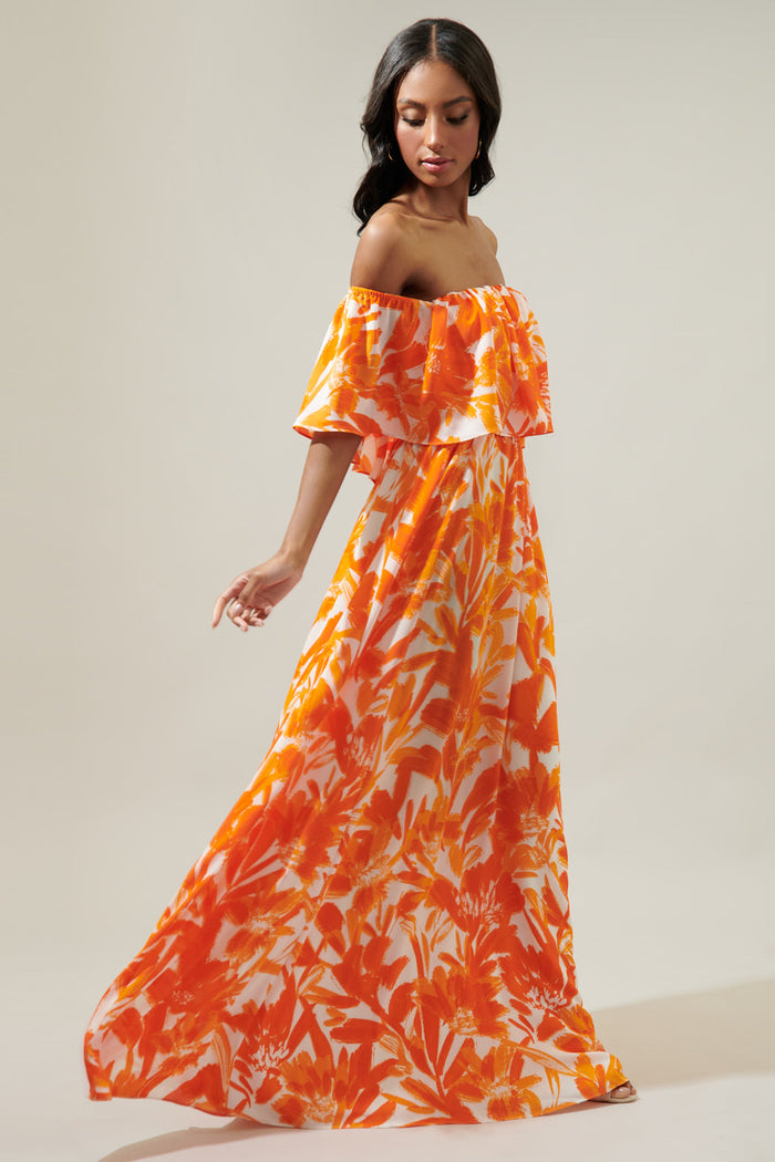 Tropical Dreamsicle Enamored Off the Shoulder Ruffle Dress
