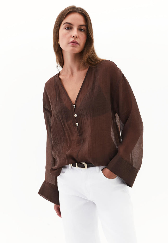 Tunic Blouse With Button Details - CHICORY COFFEE