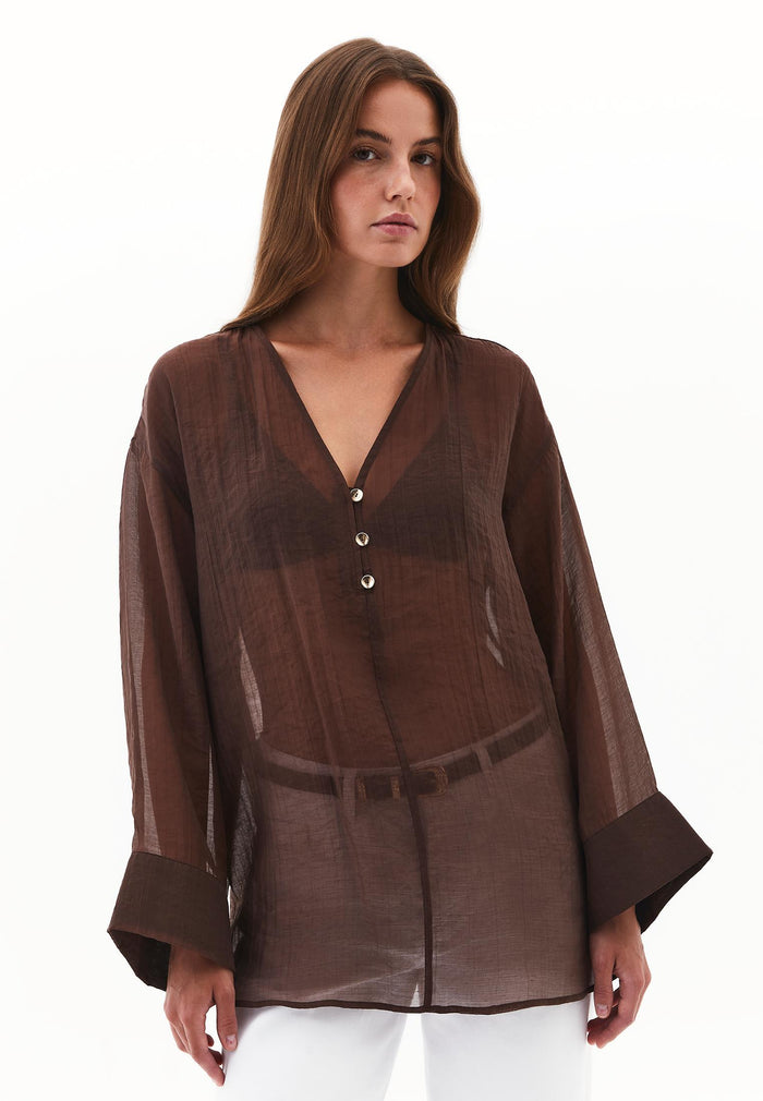 Tunic Blouse With Button Details - CHICORY COFFEE