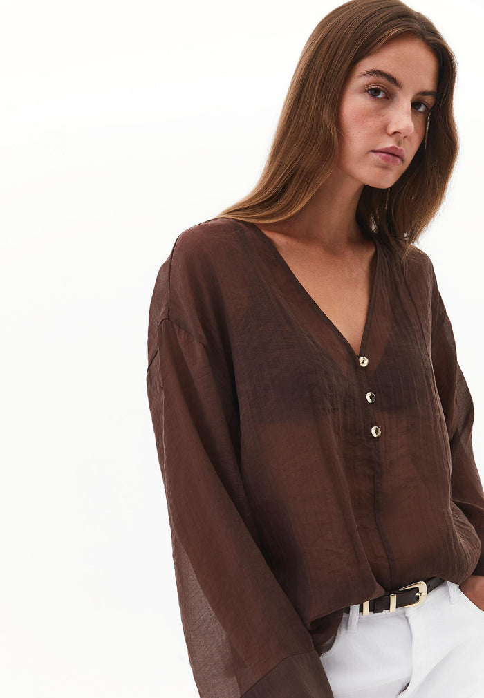 Tunic Blouse With Button Details - CHICORY COFFEE